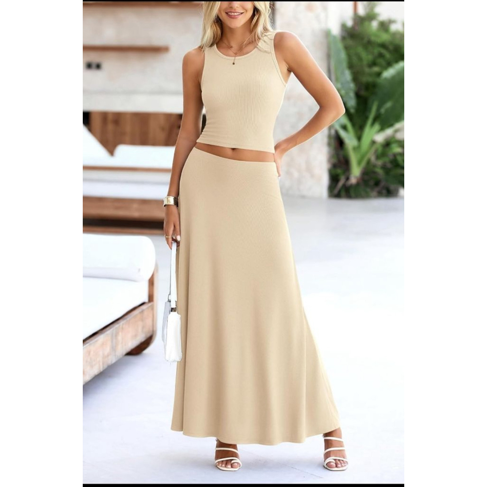 PrettyGarden Beige Ribbed Maxi Skirt Set XL